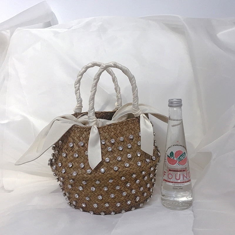 Handmade Crystal Woven Basket Diamond Clutch Straw Bag