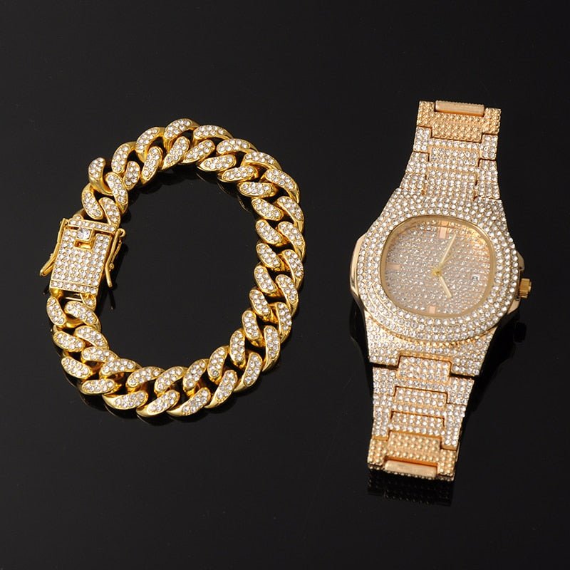 3-Piece Jewelry Hip Hop Gold Iced Out Paved Rhinestones CZ Bling  Sets: Cuban Chain, Watch & Bracelet