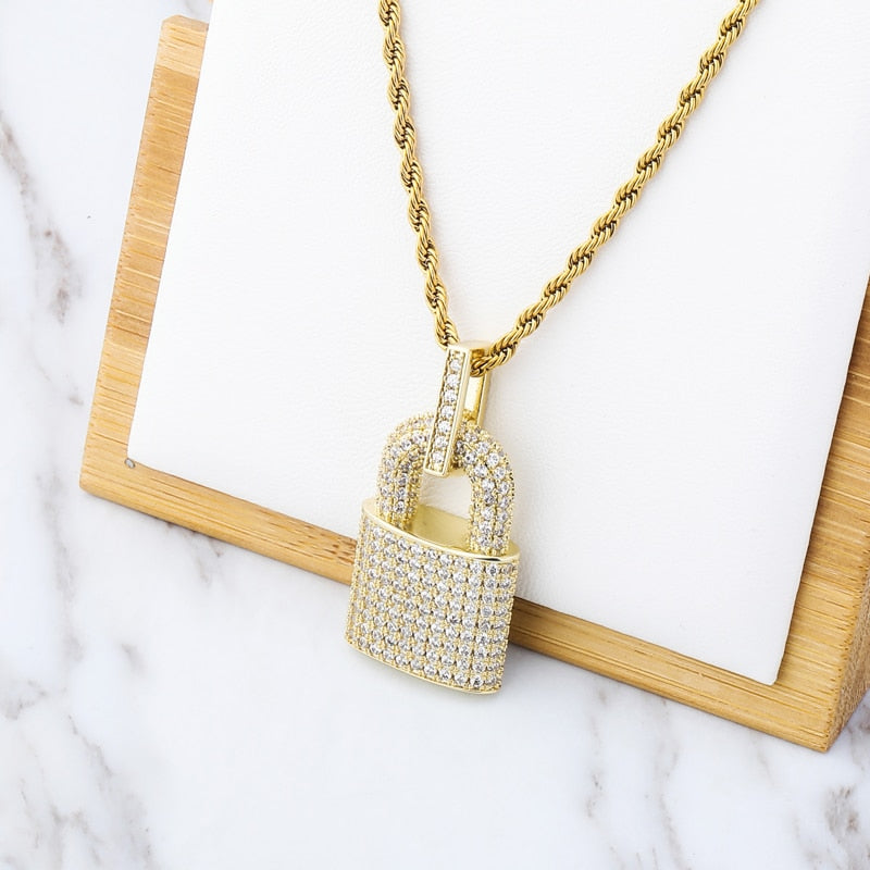 Hip-Hop Bling Lock Pendant Iced Out Bling Cubic Zircon Rope/Franco/Cuban Chains