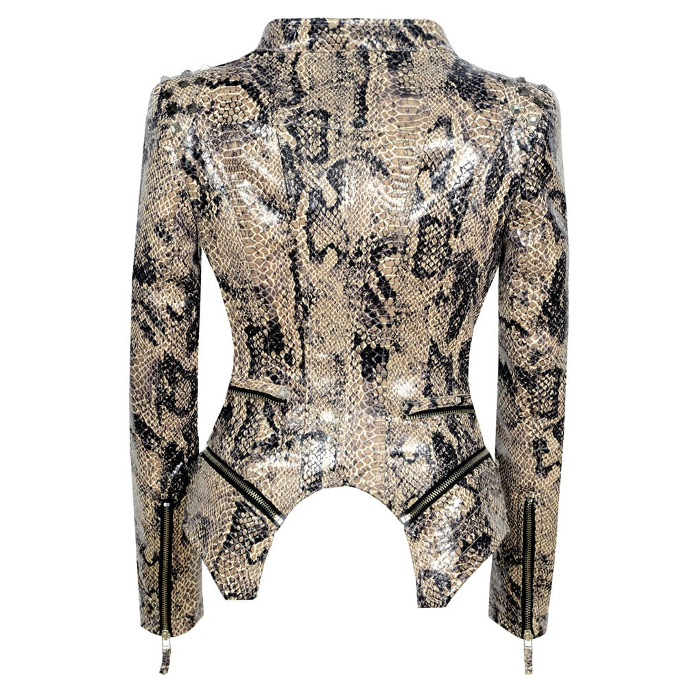 Snake Print Motorcycle Faux PU Leather Ladies Jacket