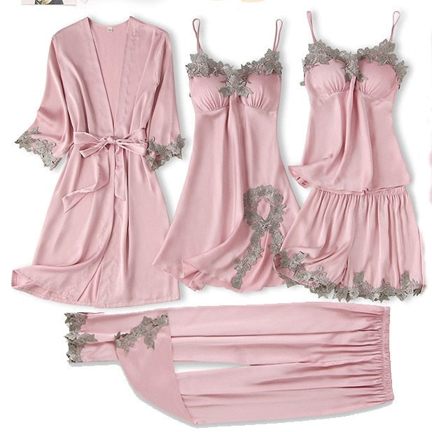 Satin Women's Sleepwear Set/Pajamas: Kimono Gown, Lace Intimate Lingerie Hollow Out Camisole, and Matching Lingerie Top w/ Shorts & Silky Pajama Pants