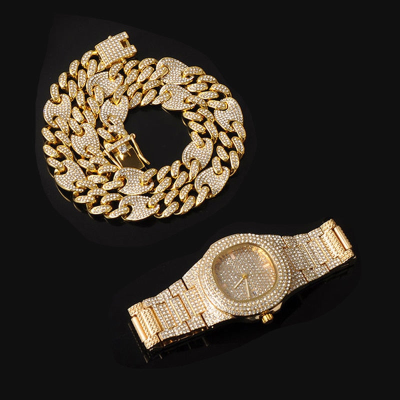 3-Piece Jewelry Hip Hop Gold Iced Out Paved Rhinestones CZ Bling  Sets: Cuban Chain, Watch & Bracelet