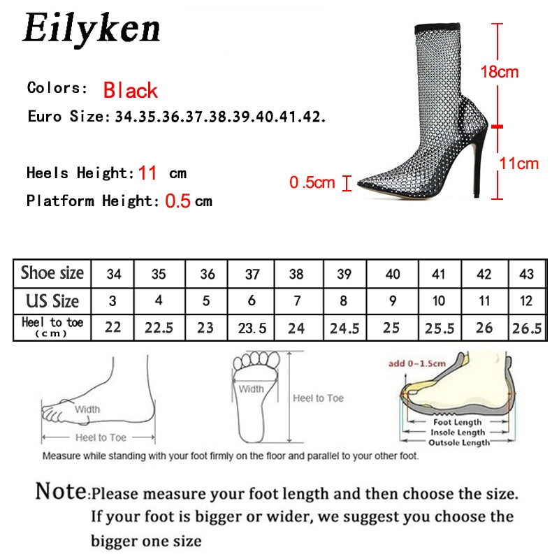 Transparent Crystal Rhinestone Mesh Stretch Fabric Pointed Toe Ladies Ankle Boots