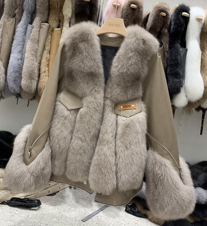 Sheepskin Fox Fur Trim Stitched Ladies Jacket