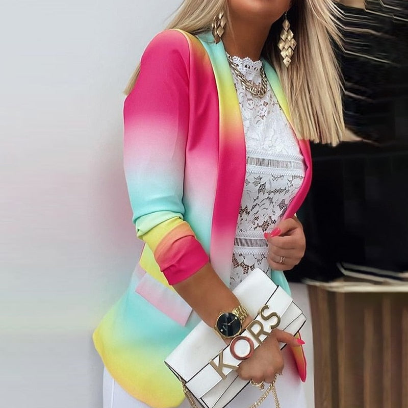 Ombre Rainbow Gradient Colorblock Women's Office Blazer Jacket