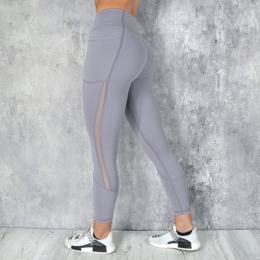 Pocket Leggings Women Mesh Splicing Quick Dry Pants Gym Breathable High Waist Push Up Fitness Casual Leggings