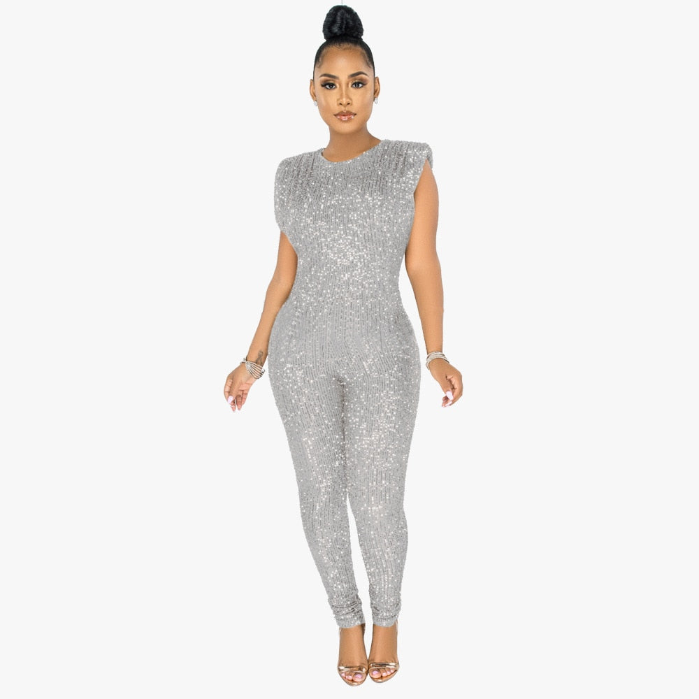 Sequin Glitter O-Neck Women's Sleeveless/Long Sleeve Bandage Jumpsuit w/ Belt to 5X