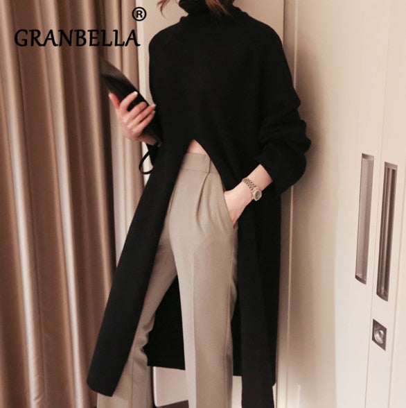 Turtleneck Long Side Split Ladies Maxi Sweater