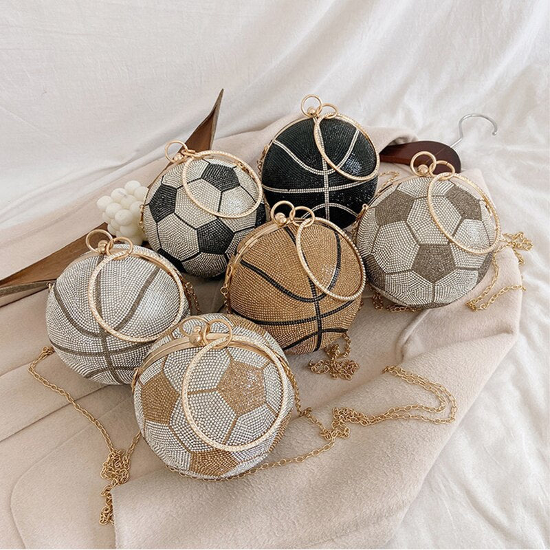 Crystal Round Metal Handle Basketball/Soccer Diamond Evening Clutch Purse