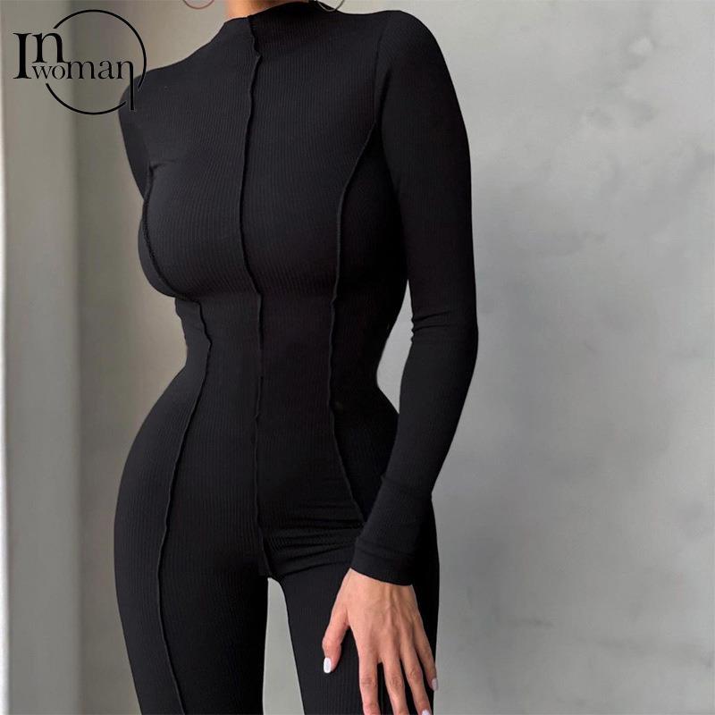 Solid Line Design Long Sleeve Bodycon Ladies Fitness Workout Jumpsuit