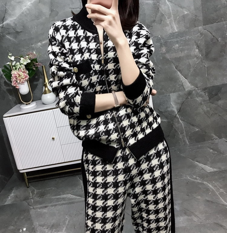 Women's Knitted Houndstooth Zipper Plaid Cardigan Sweater + Sweatpants 2-Piece Set