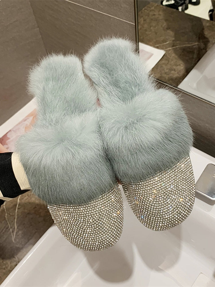 Luxury Rhinestone Fur Crystal Slides Mule Slippers