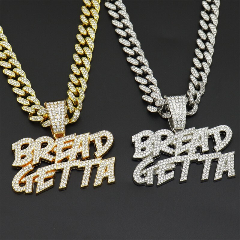 Pendant "Bread Getta" Necklace Gold Silver Color Charm Iced Out BREADGETTA Pendant With 13mm Cuban Chain