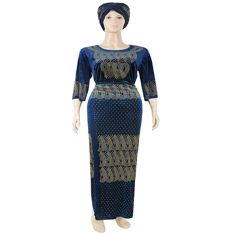 African Women's Velvet Plus 3-Piece Set: Colorblock Long Sleeve Top, Maxi Skirt & Head Turban