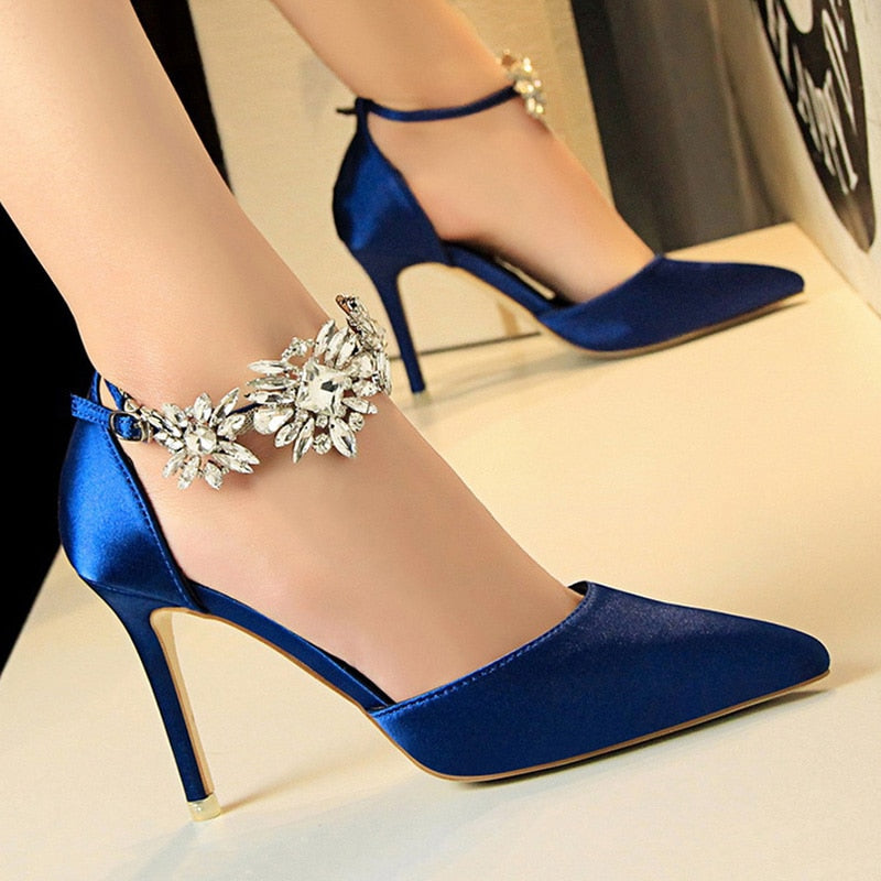 Satin Rhinestone Ankle Pendant Stiletto Silk Sandal Pumps