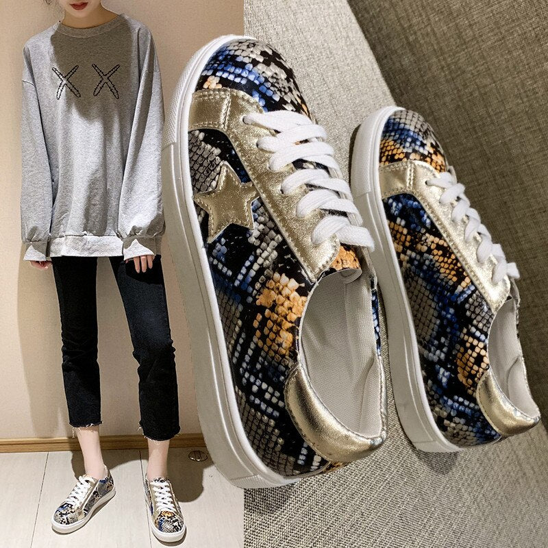 Snake Print Leather Women's Designer Star Design Vulcanized Sneakers