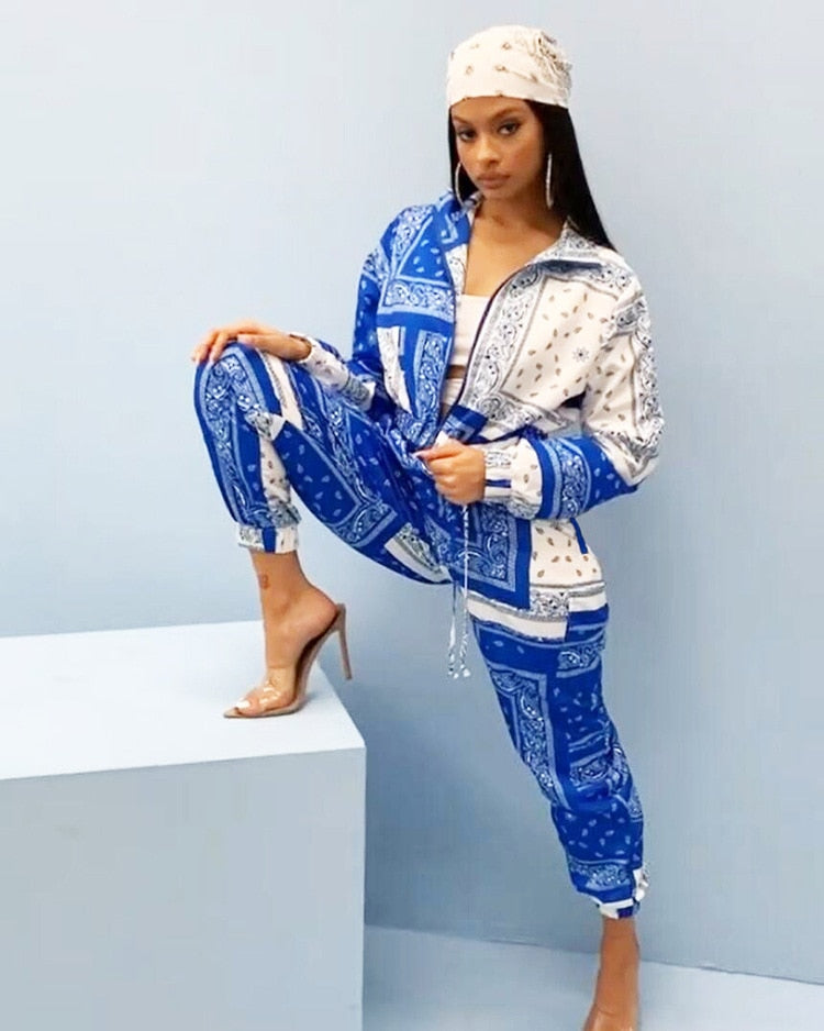 Paisley Bandana Print Zipper Jacket + Elastic Waist Sweatpants Women's Tracksuit