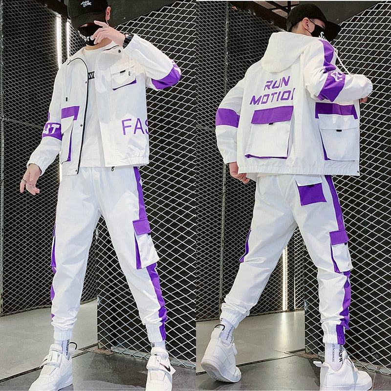 Men's Patchwork Utility Zipper Jacket + Pants Cargo Tracksuit