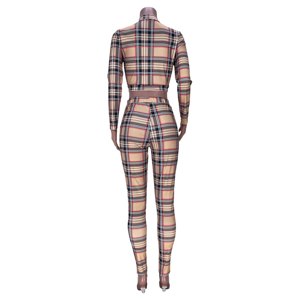 Plaid Lace-Up Cropped Print Eyelet Strap Ladies Tracksuit