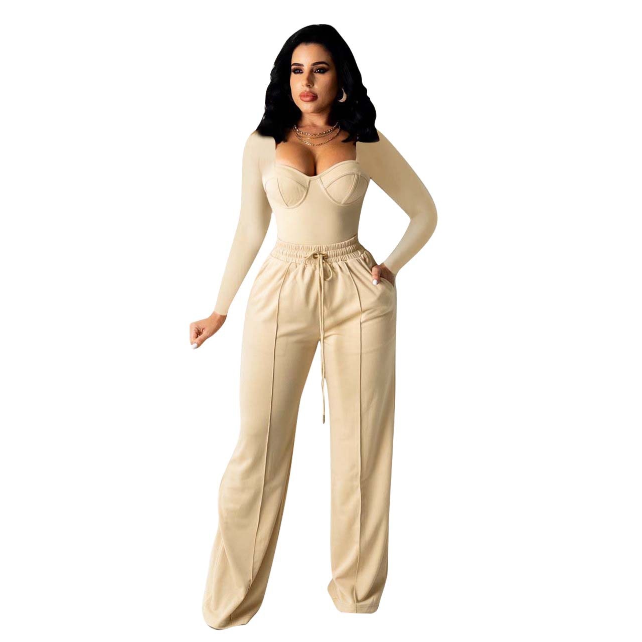 Long Sleeve V-Neck Top + Drawstring Pockets Wide Leg Pants 2-Piece Set