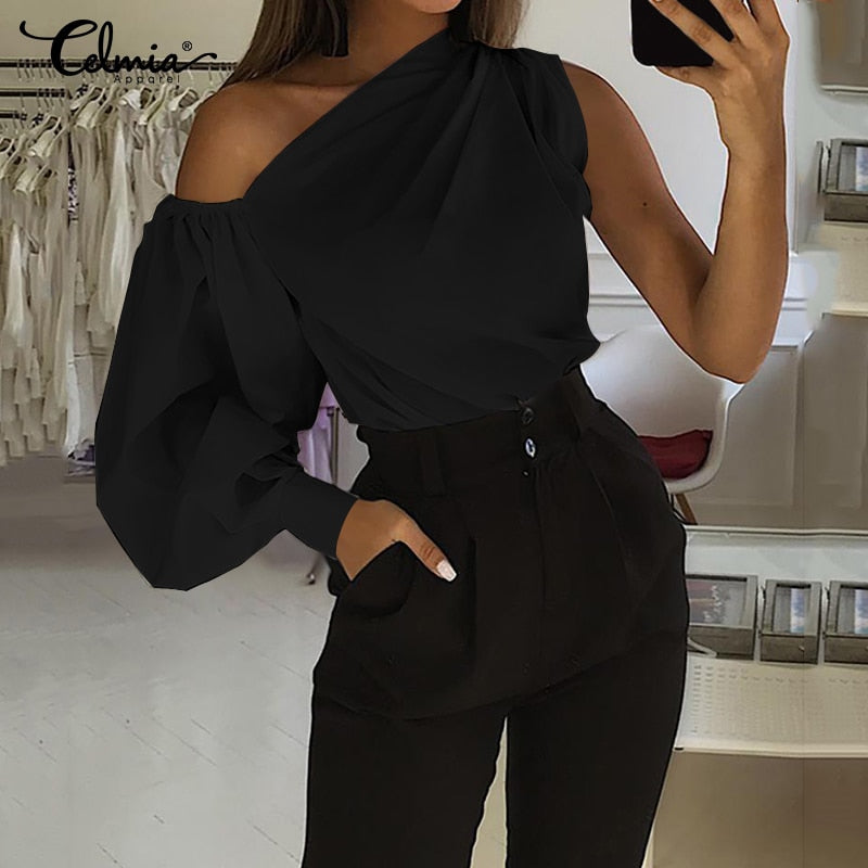 Lantern Sleeve Asymmetrical One Shoulder Loose Blouse