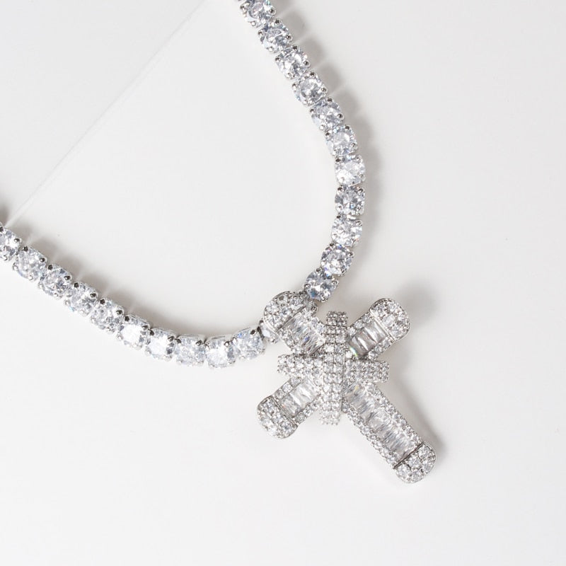 Unisex Cubic Zirconia Cross Tennis Pendant Necklace Chain