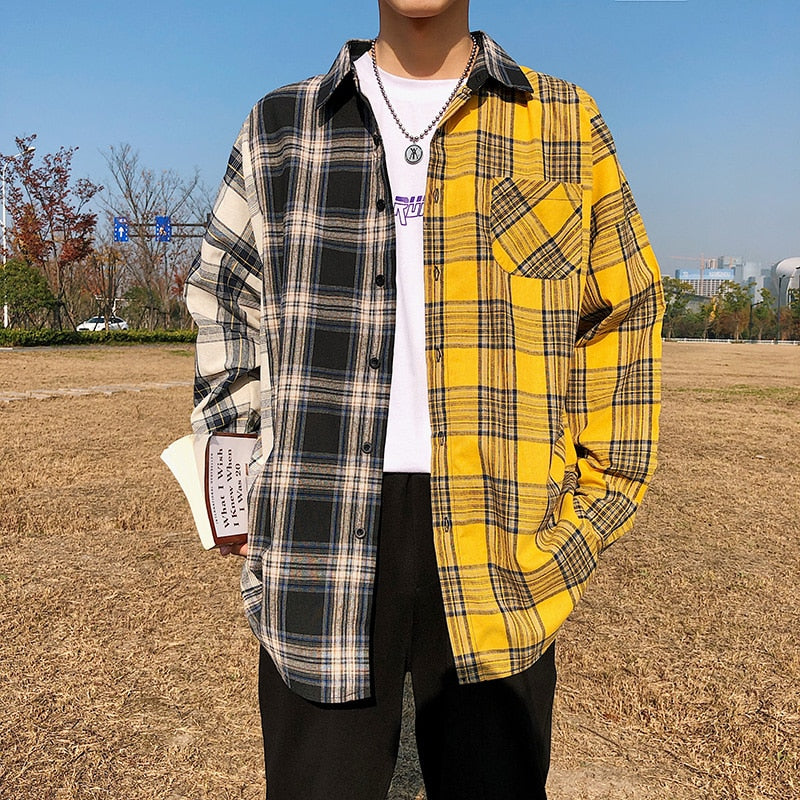 Men's Oversized Cotton Plaid Patchwork Button Up Long Sleeve Shirt