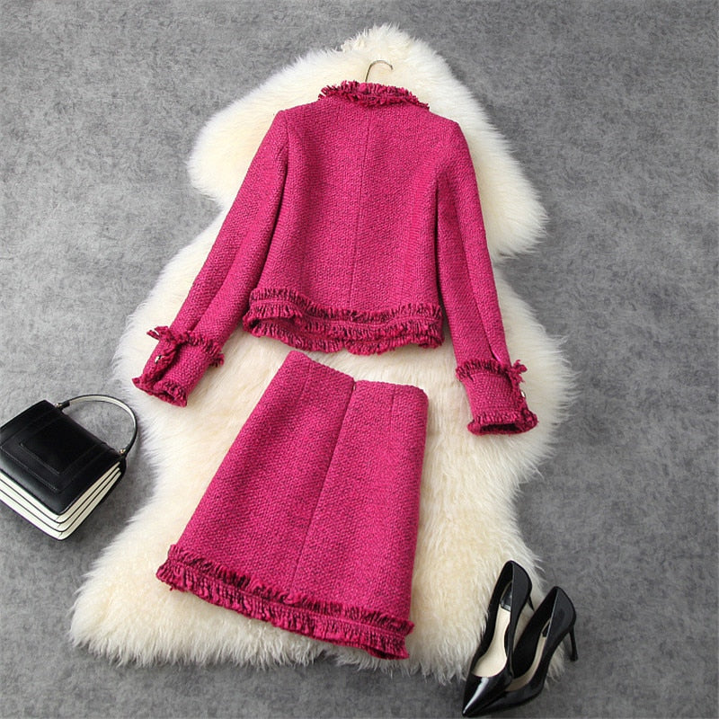 Fuschia Women's Long Sleeve Tassel Tweed Wool Blazer Jacket & Mini Skirt 2-Piece Office Suit