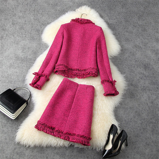 Fuschia Women's Long Sleeve Tassel Tweed Wool Blazer Jacket & Mini Skirt 2-Piece Office Suit