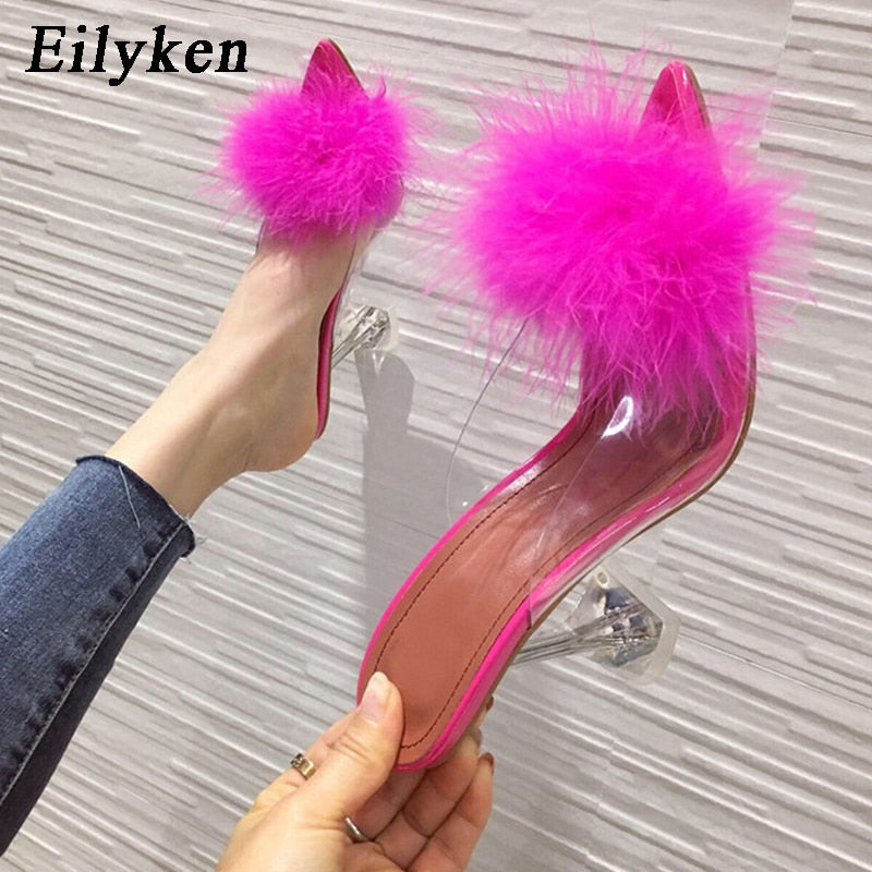 Ladies Feather PVC Transparent High heels Fur Peep Toe Mule Pumps