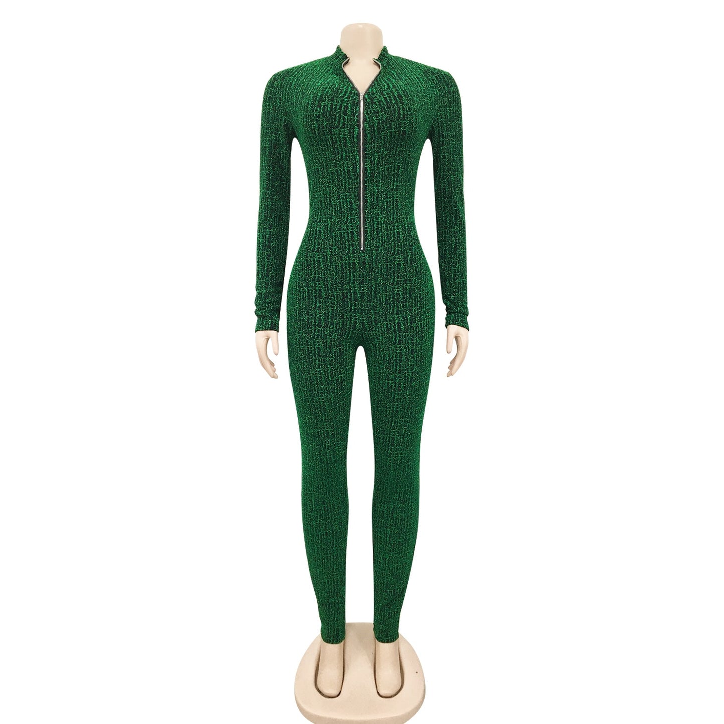 Shiny Zip Up Jumpsuit Long Sleeve