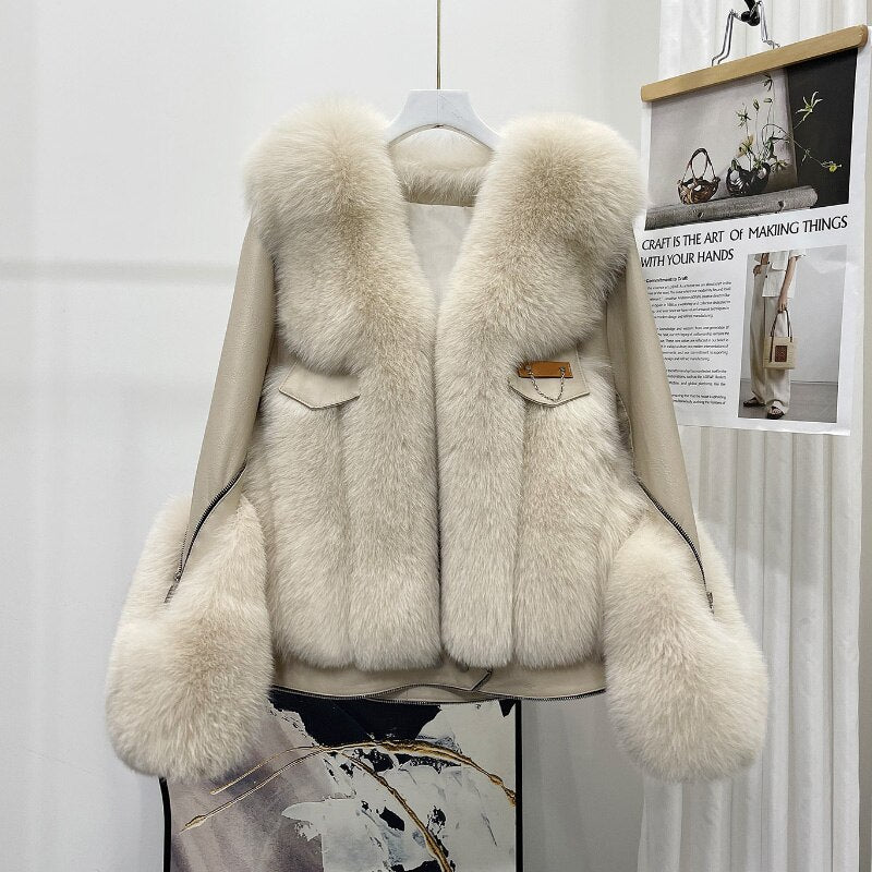 Sheepskin Fox Fur Trim Stitched Ladies Jacket