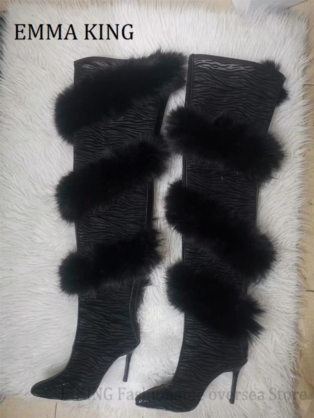 Transparent Mesh Fur Leopard Stiletto Zipper Back Over-the-Knee Boots