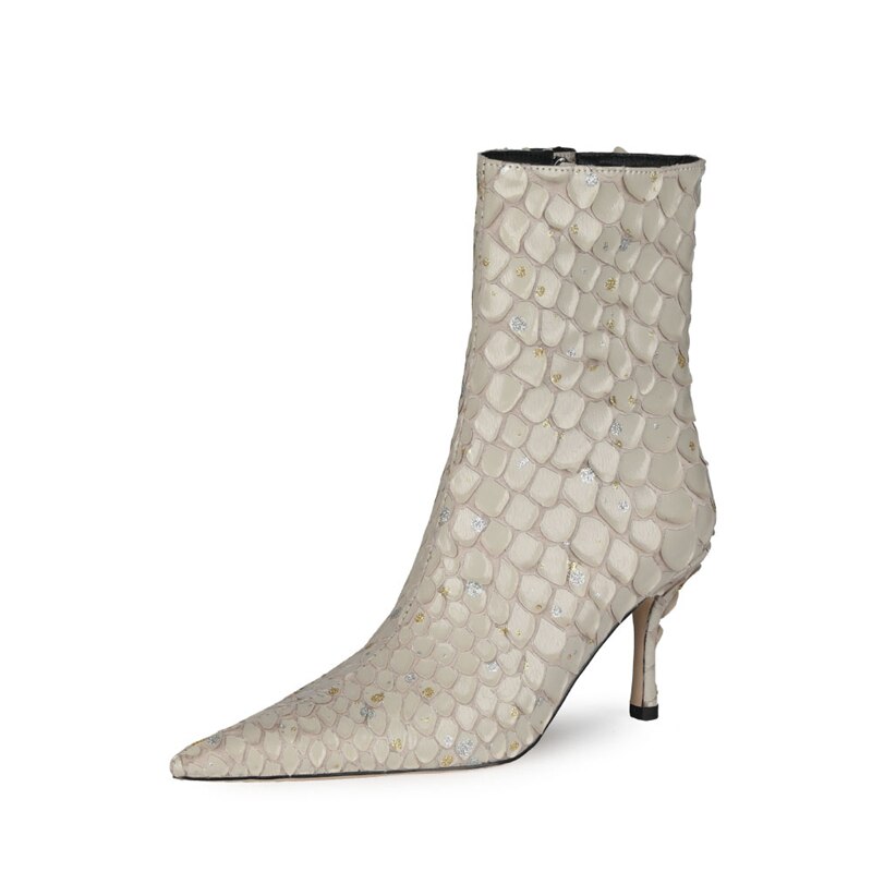 Fish Scale Pattern Thin Heel Pointed Toe Ankle Boots