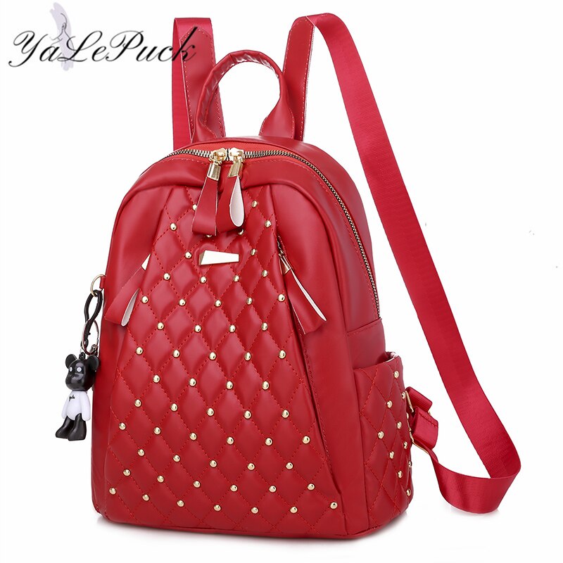 Vintage Leather Embossed Diamond Lattice Studded Quilted Solid Color Ladies Backpack