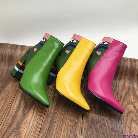 Pastel Colorblock Women's Square Heel Leather Ankle Boots