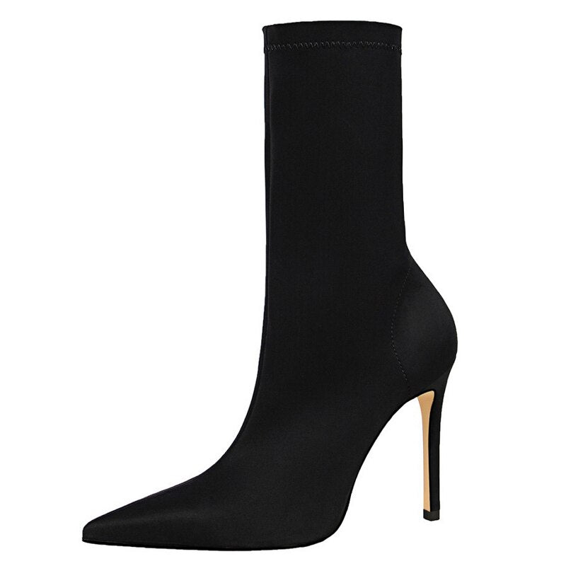 Pointed Toe Stiletto Heel Leather Ankle Boots