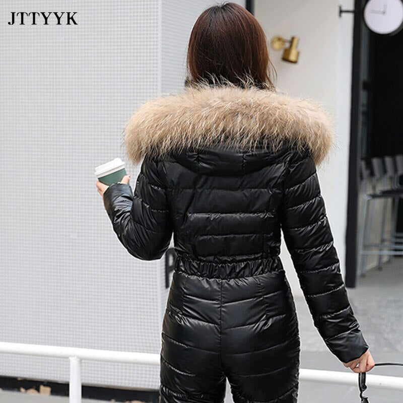 Fur Hood Quilted Solid Color Ladies Ski Snowsuit