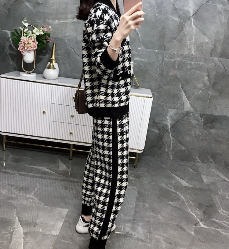 Women's Knitted Houndstooth Zipper Plaid Cardigan Sweater + Sweatpants 2-Piece Set