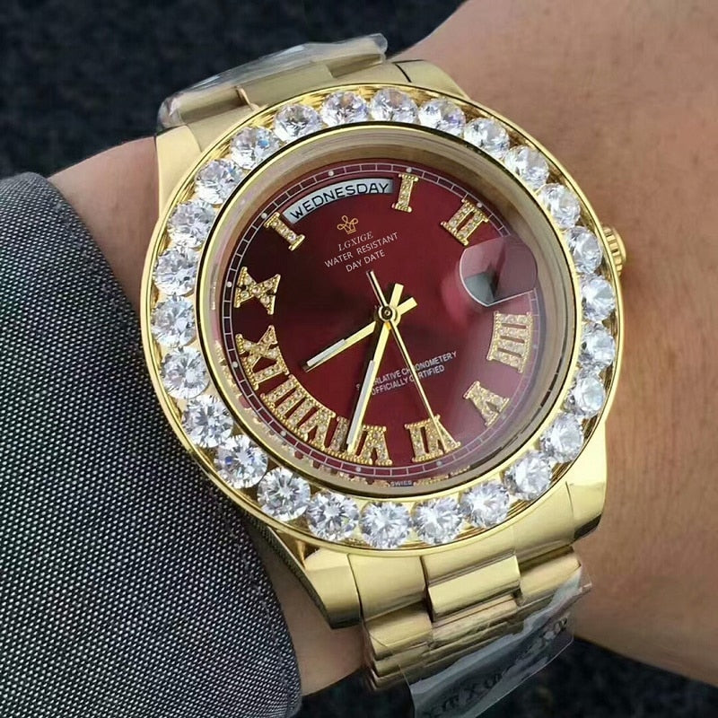 Big Diamond Luxury Brand Gold Watch Stainless Steel Men's Watch