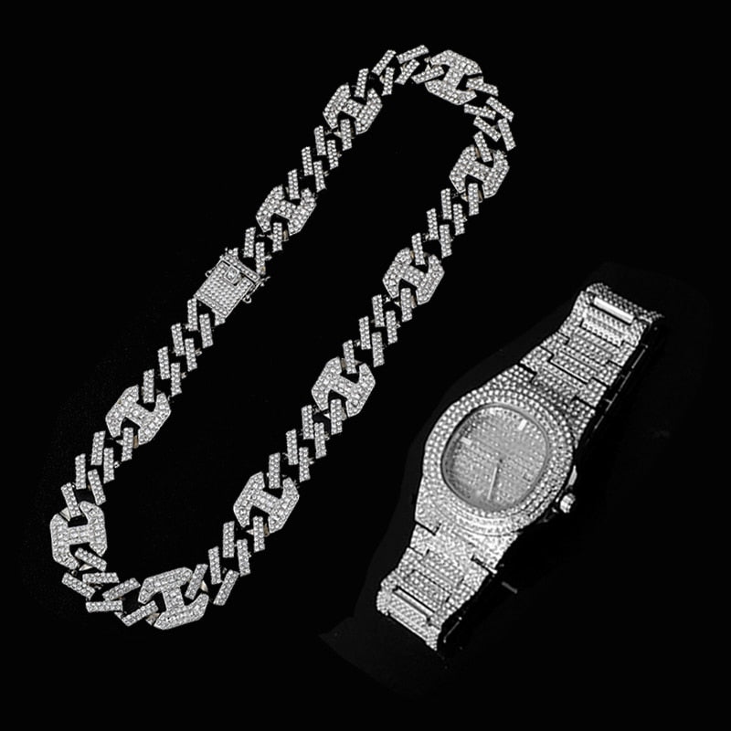 3-Piece Jewelry Hip Hop Gold Iced Out Paved Rhinestones CZ Bling  Sets: Cuban Chain, Watch & Bracelet