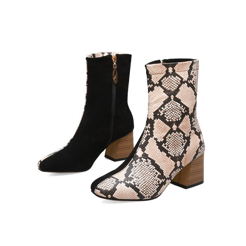 Snake Print Colorblock Patchwork Women's Zipper Ankle Boots