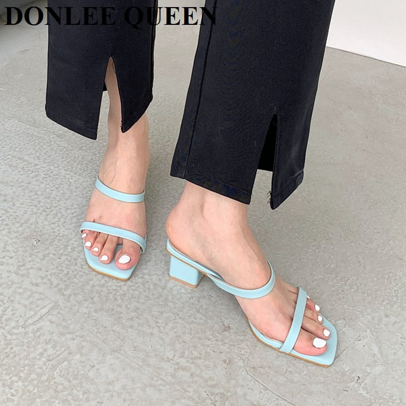 Low Heel Peep Toe Square Heel Slipper Sandals