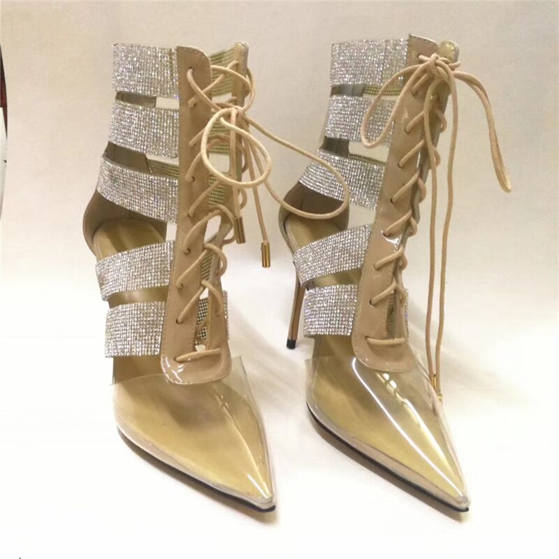 Jeweled Rhinestone Gladiator High Heels Pointed Toe Cross-Tied Cut Out Ankle Boots