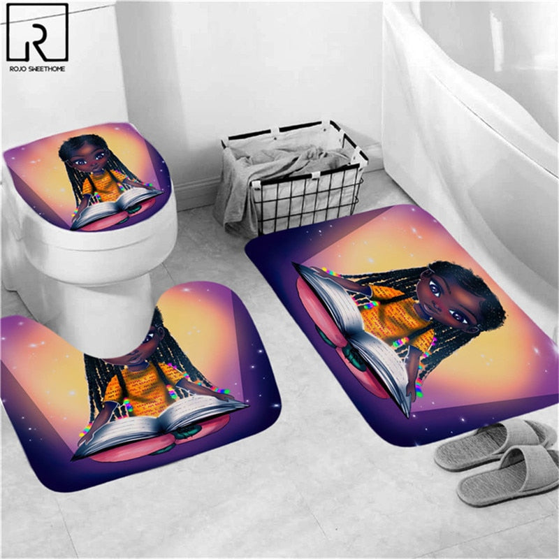 Black Woman Printed Shower Curtain w/ 12 Hooks Bathroom Bath Mat Set Toilet Cover 1/3/4 PCS