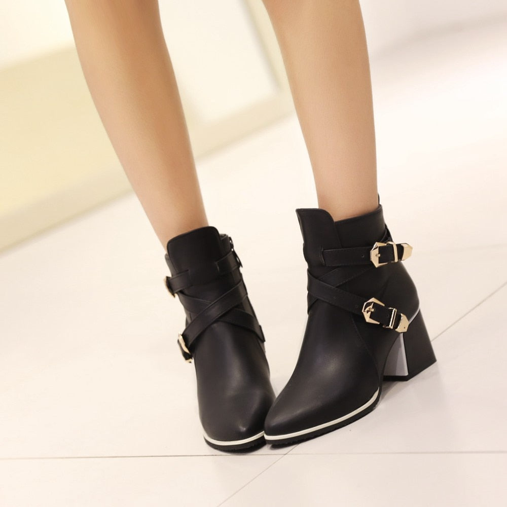 Pointed Toe Square Heel Women's Buckle Zipper High Heel Ankle Boots