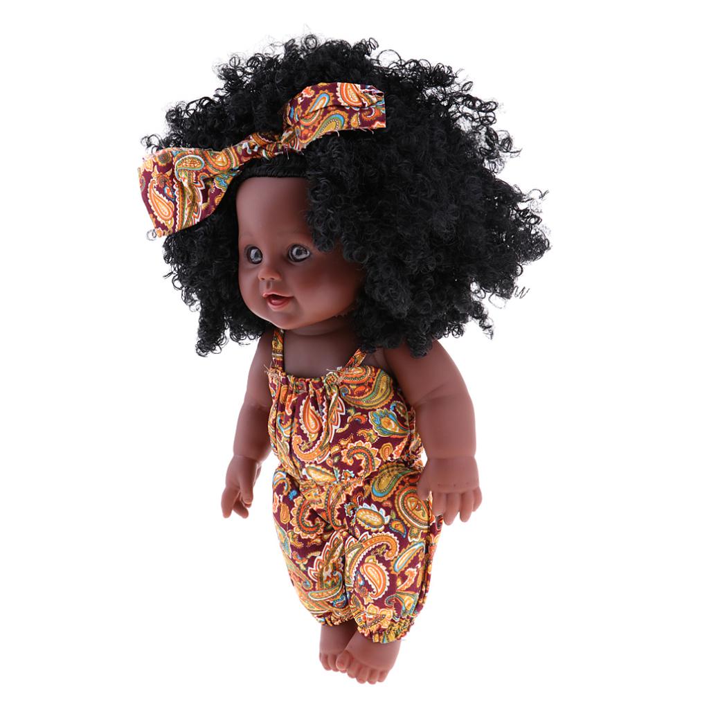 African-American Black Baby Girl Doll w/ Curly Afro, Headband & Jumpsuit