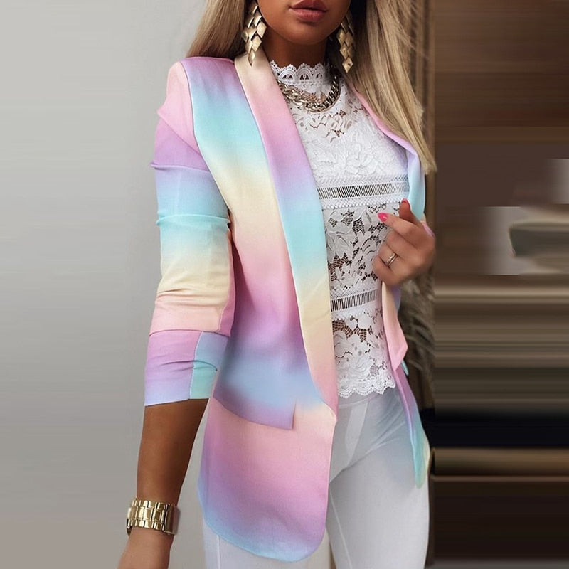 Ombre Rainbow Gradient Colorblock Women's Office Blazer Jacket