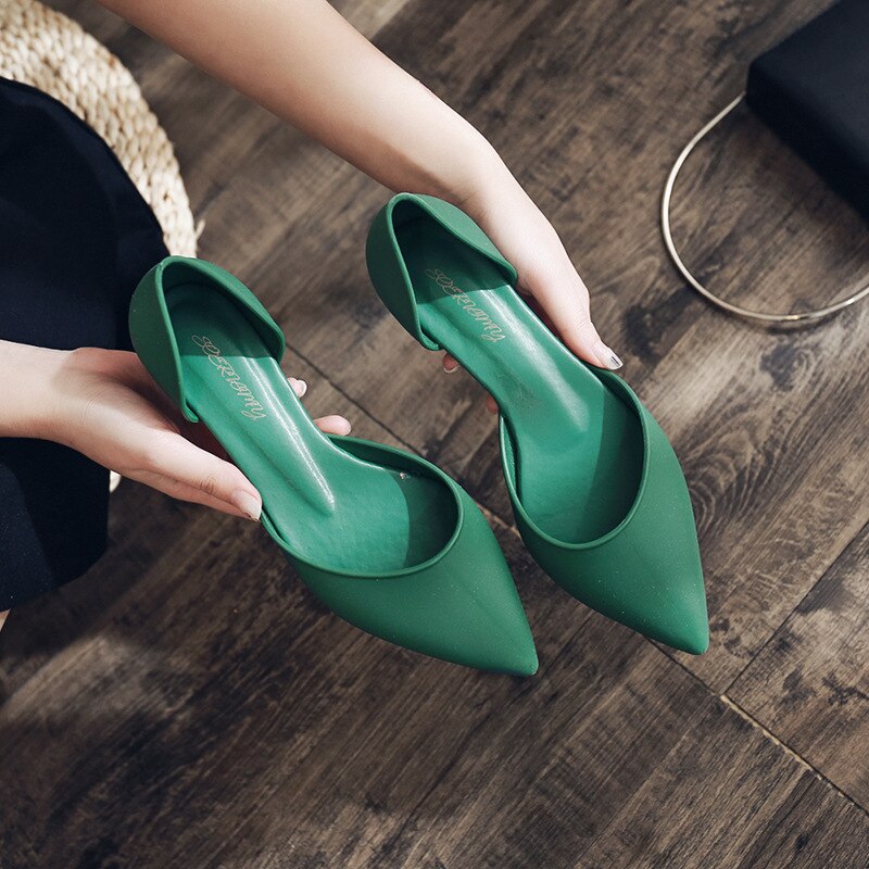 Ladies Pointed Toe Basic Solid Low Thick Heels Flats