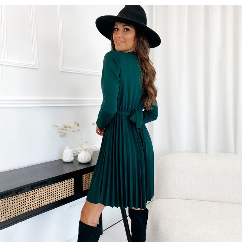 Pleated Mini V-Neck Long Sleeve Lace Up Dress